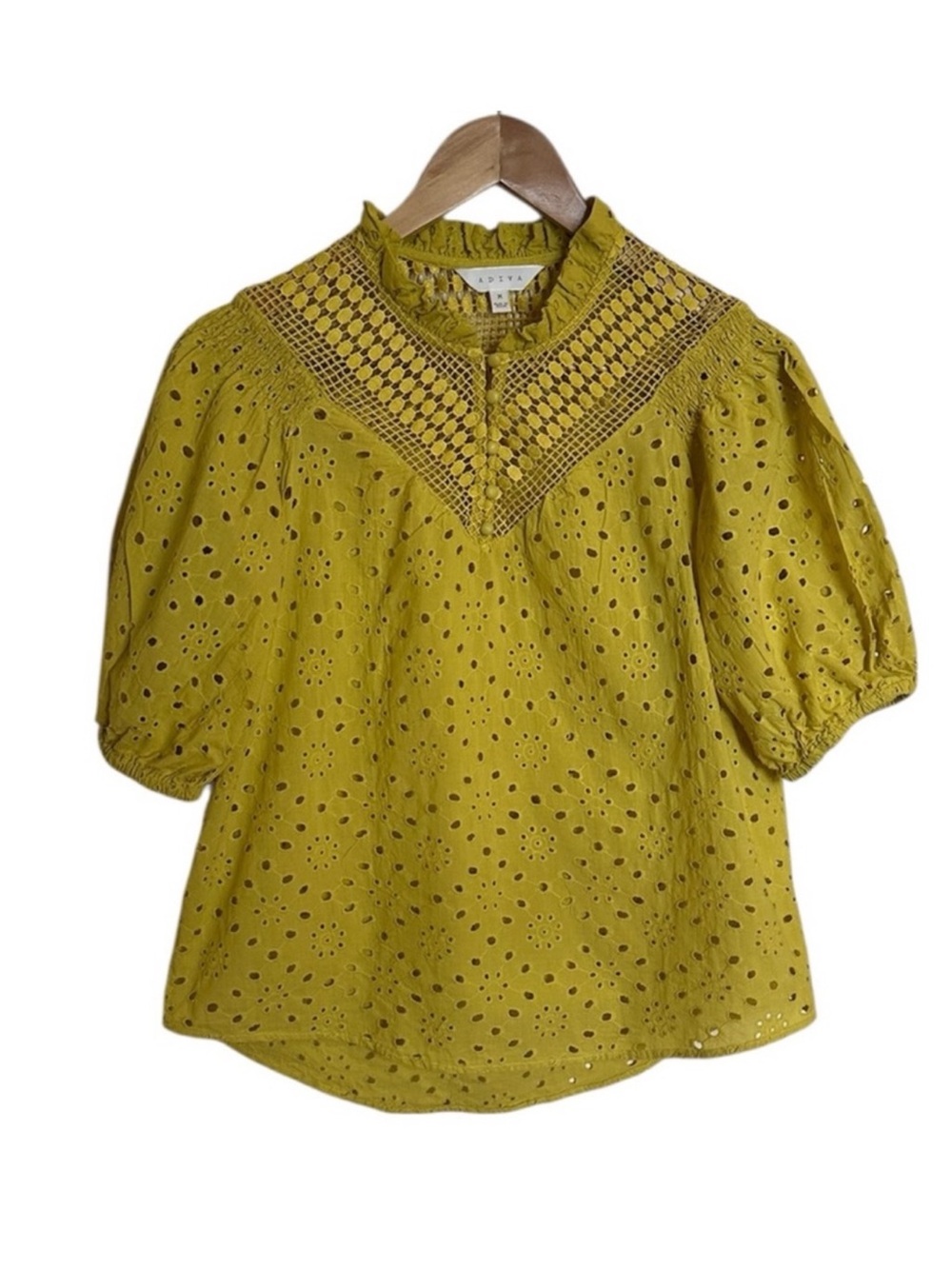 Adiva Eyelet Lace Yoke 100% Cotton Puff Sleeve Top